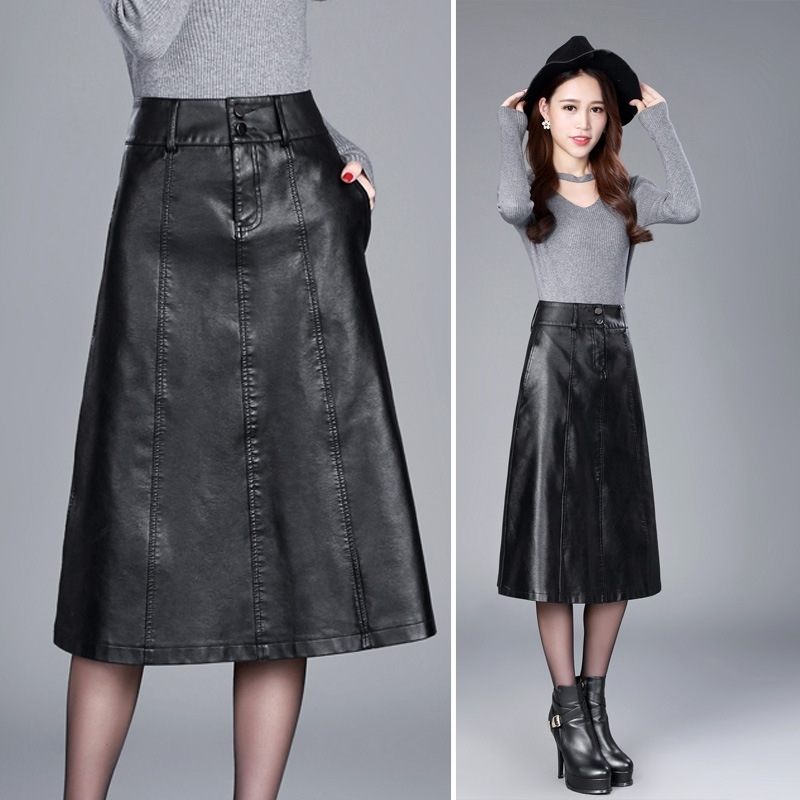 women Winter midi skirt spring womens high waist PU leather skirt faldas vintage saias plus size M4XL 210306