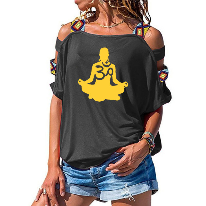 womens Short sleeve Om Aum Silhouette print T-shirt Summer Fashion clothing t shirt women's Sexy Hollow Out Shoulder shirt 210306