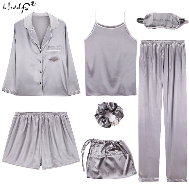 Women 7 Pieces Pajamas Sets Stripe Printing Satin Silk Pajamas Women's Sleepwear Lovely Home Clothing Long And Short Pijama 210203