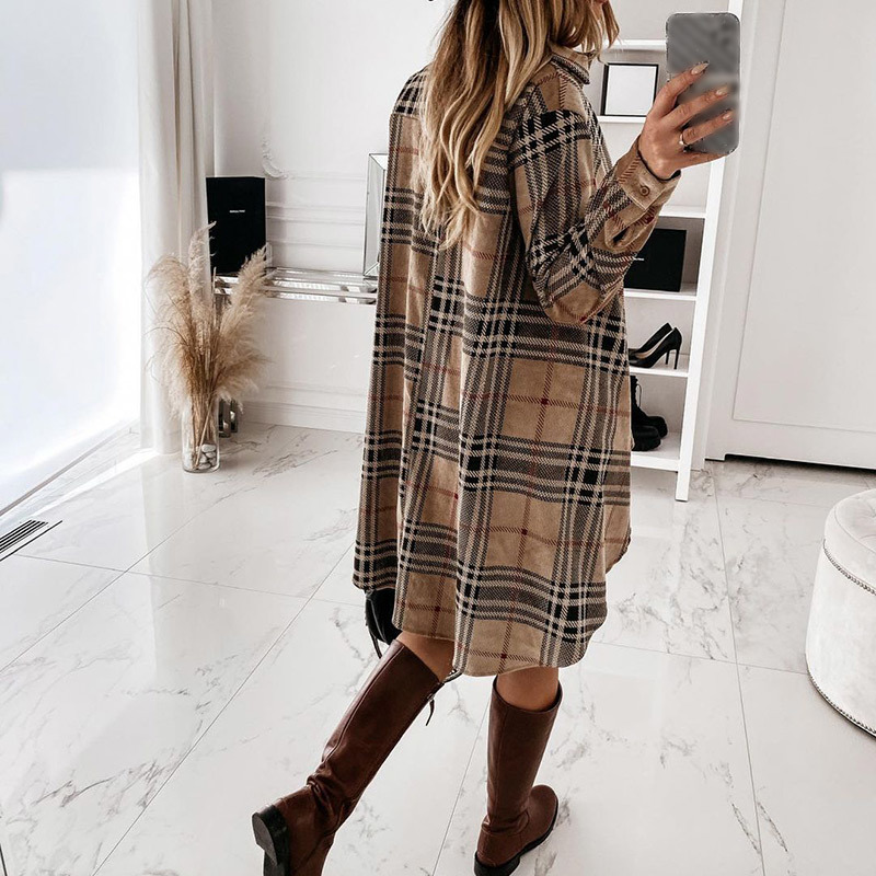 Autumn Plaid Printed Women's Mini Dress Long Sleeve Turn-Down Collar Button Female Dresses Streetwear Casual Loose Lady Clothes 210309