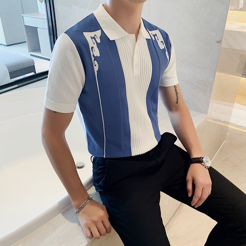Men's Short-sleeved Knitted Polo Shirt Contrast Color British Lapel Ice Silk Men Poleras Hombre Camiseta Verano Hombre 210308