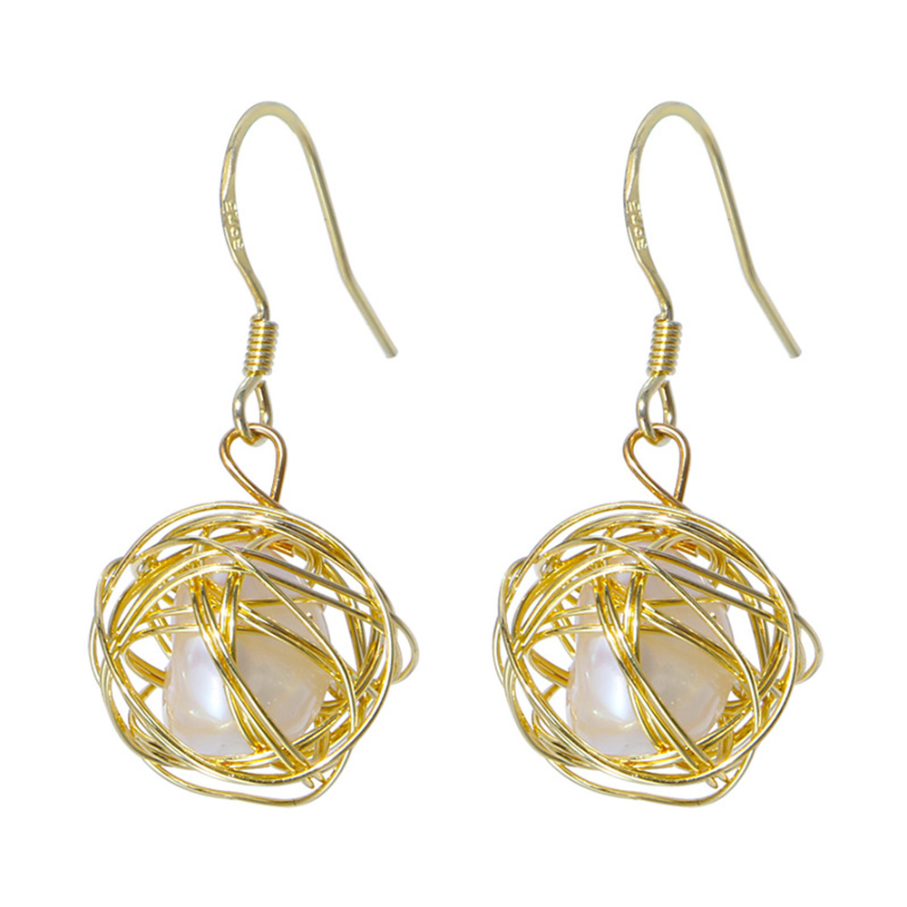 S925 Sterling Silver Pearl Dangle Earring Gold Plated Hollow Prevent Allergy Earrings for Women Gril Gift Freshwater Natural Pearls