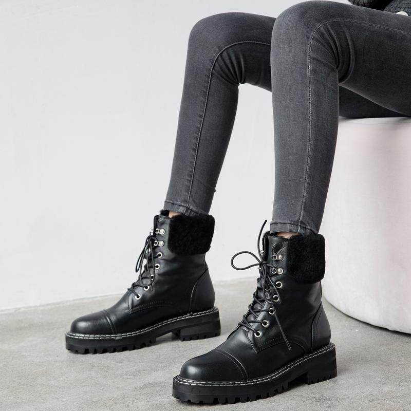 Boots Leather Snow Women Autumn Winter Cross Strap Low Square Heels Motorcycle Female Brown Back Sewing Wool Ankle Boot