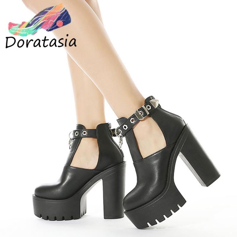 DORATASIA Brand New Women Buckle Zipper Platform High Heel Shoes Cool Fashion Punk Design Quality Sandals Women Sandals, Black