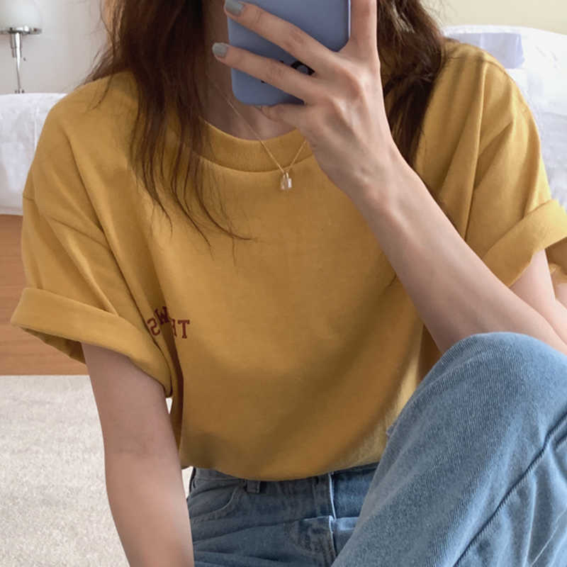 Korejpaa Women T-Shirt Summer Korean Chic Girls Simple Casual Basic Round Neck Contrast Letter Printing Loose Versatile Top 210526