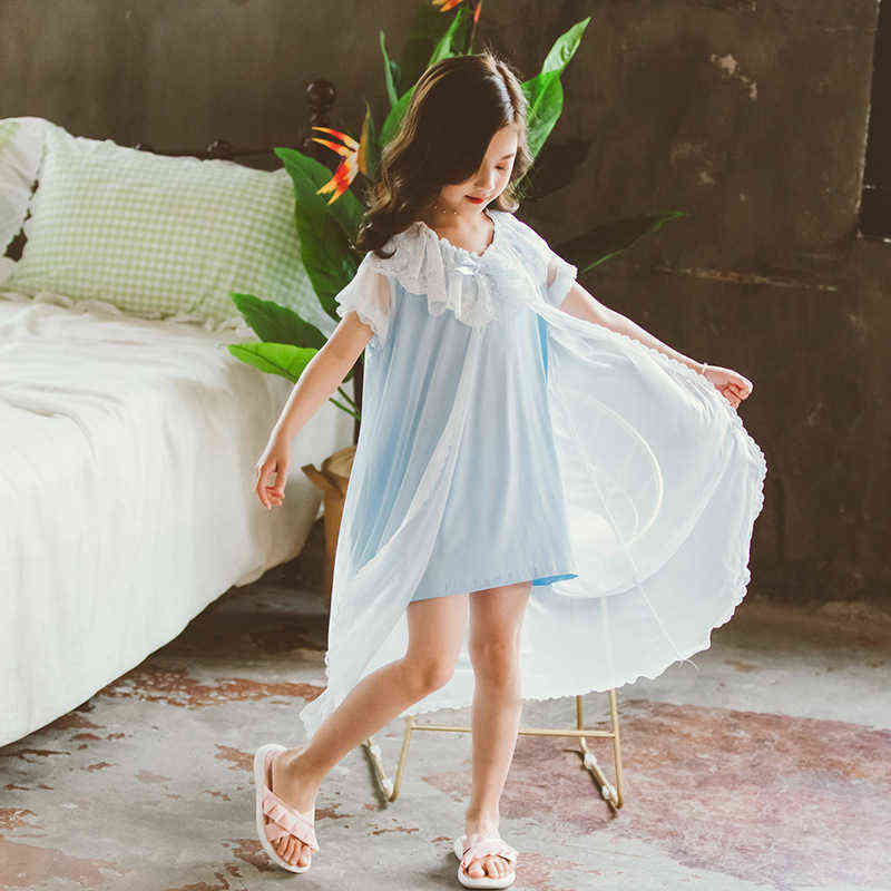 Pajamas For Girls Summer Princess Lace Nightdress Children'S Pyjamas soft Nightgown Home Clothes 4 6 8 10 12 14 Years Old 211105