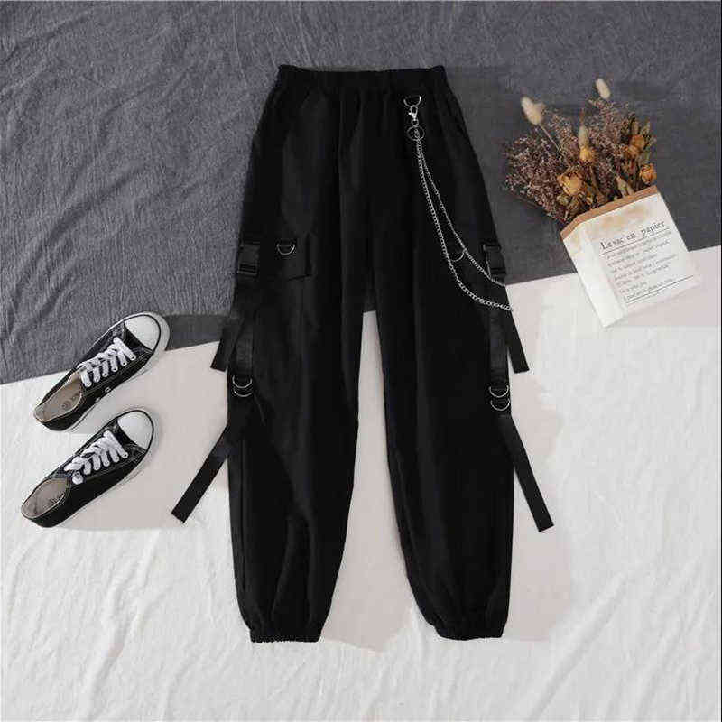 Spring Autumn Women Harajuku Cargo Pants Handsome Cool Two-piece Suit Chain Long Sleeve+Ribbon 211115