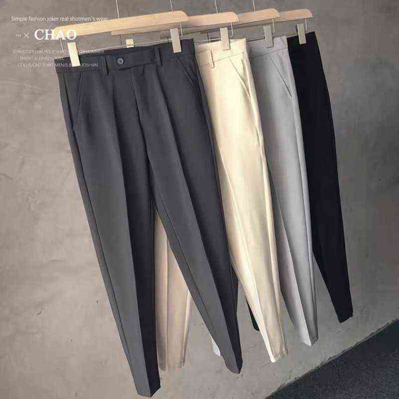 Men Cropped Straight Trousers Loose The Trend Fashion Male British No Ironing Pure Color Casual Suit Pants 211112