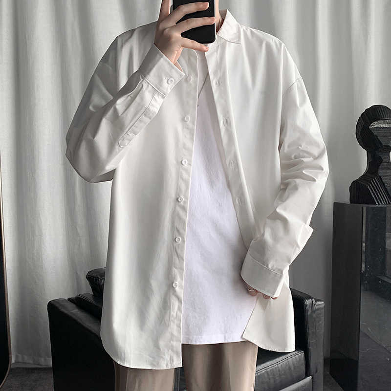 Sping Autumn Korean Fashion Mens Shirts Daily Casual Loose Button Down Cooton Long Sleeve Black Khaki White Shirts 4XL 5XL 210528