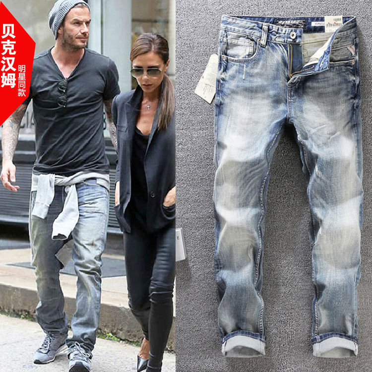 2021 new European and American men's washed high-end Vintage high-end stretch Slim small straight jeans