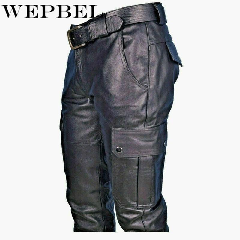 Men's Pants WEPBEL Men Straight PU Leather Biker Motocycle Long Loose Street Style Steampunk Trousers Rock Roll B4