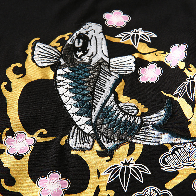 Summer Men T Shirt Koi Embroidery New Chinese Style O-Neck Cotton Tees Men's Short Sleeve Streetwear Fashion Casual T-shirt T200224