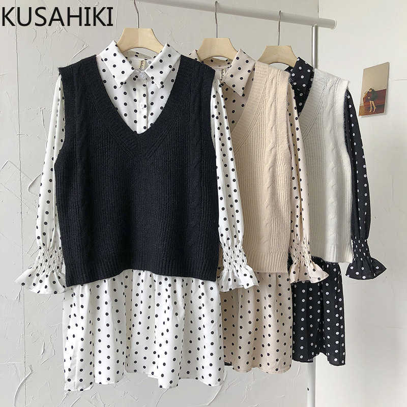 KUSAHIKI Spring Women 2pieces Sets Dot Long Sleeve Sweet Dress + V-neck Knitted Sleeveless Vest Causal Korean Suits 6E663 210602, Beige
KUSAHIKI Spring Women 2pieces Sets Dot Long Sleeve Sweet Dress + V-neck Knitted Sleeveless Vest Causal Korean Suits 6E663 210602, Beige