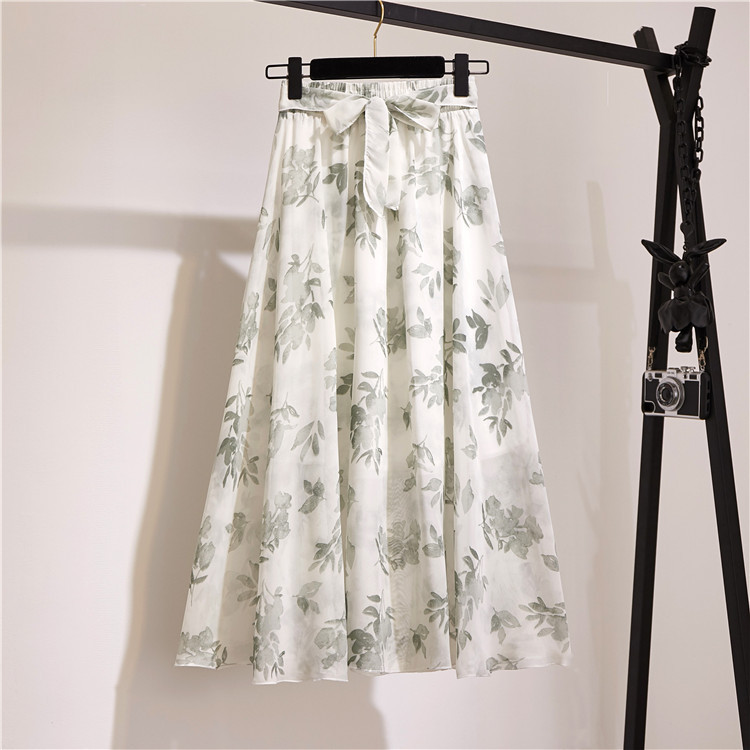 Summer Bohemian Chiffon Skirt Lady Korean Style Printing Sun School High waisted Elegant beach skirt Midi Skirt Female 210415