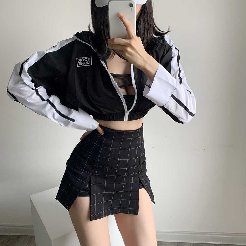 WOMENGAGA Loose Casual Fashion Sports Letter Embroidery Color Matching Zipper Open Navel Bomber Jacket Top WDVJ 210603