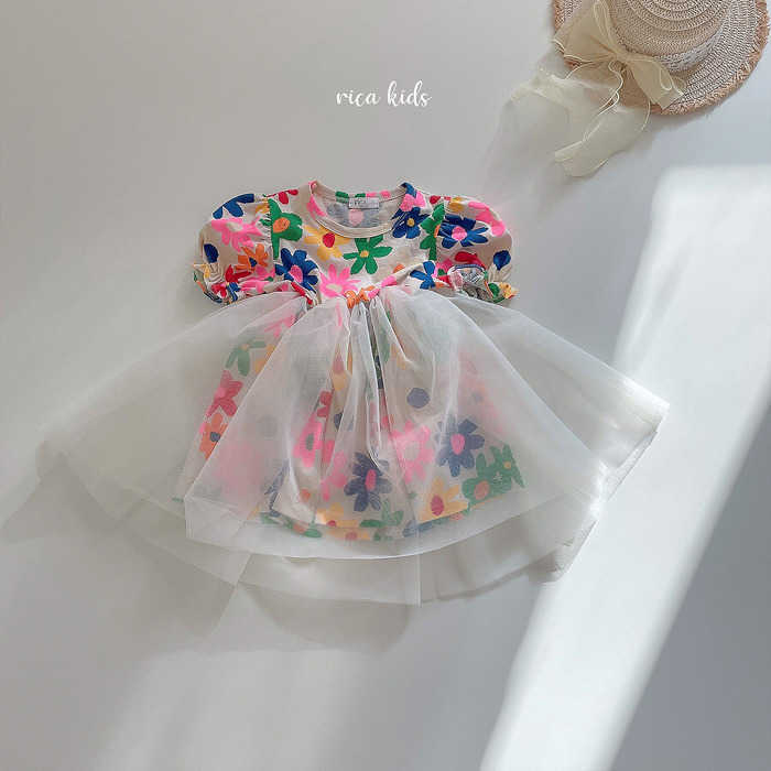 Korean Girls Flowers Dress Princess Tulle Print Pattern for Kids Lovely Cotton Tiered Birthday Causal Clothes 210529