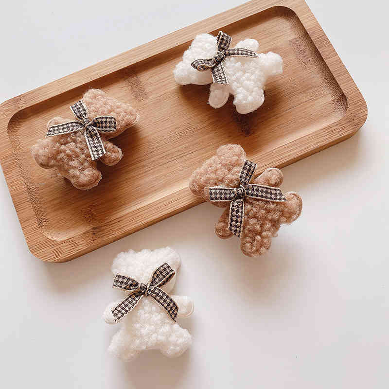 Hair Accessories Autumn and Winter Lovely Milk Coffee Color Plush Bear Side Clip Girl Heart Versatile Hairpin Bag Cloth Wind