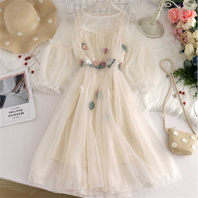 Sanishroly Summer Autumn Women Long A-Line Dress Sweet Floral Butterfly Lace Dress Female Short Sleeve Mesh Dress Vestidos CD086 210630