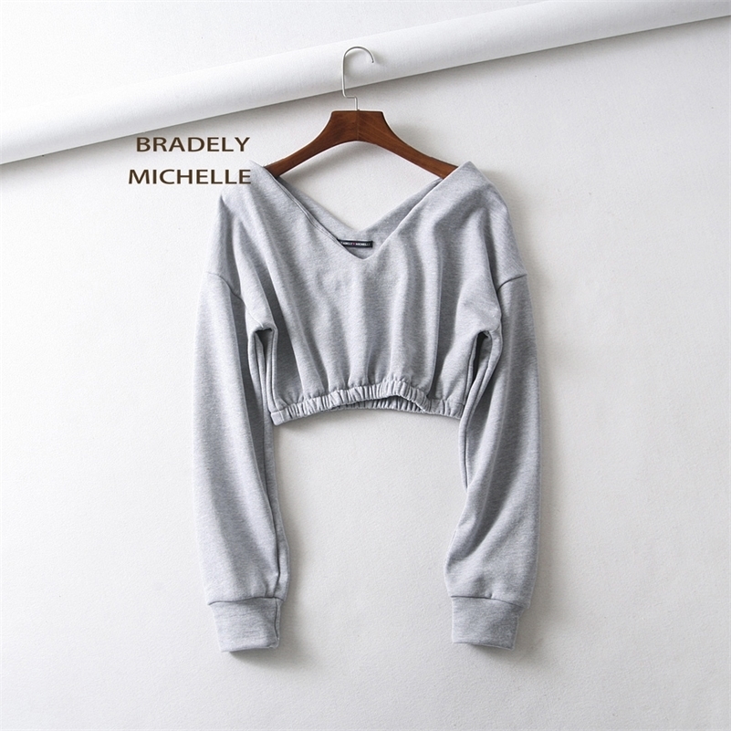 BRADELY MICHELLE women sexy sweatshirt streetwear hoodies hip pop crop top female long sleeve deep v-neck pullovers 201209