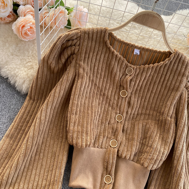 Autumn Winter Women Corduroy Blouse Vintage Round Neck Single Breasted Long Puff Sleeve Short Shirt Female Fashion Tops New 210225