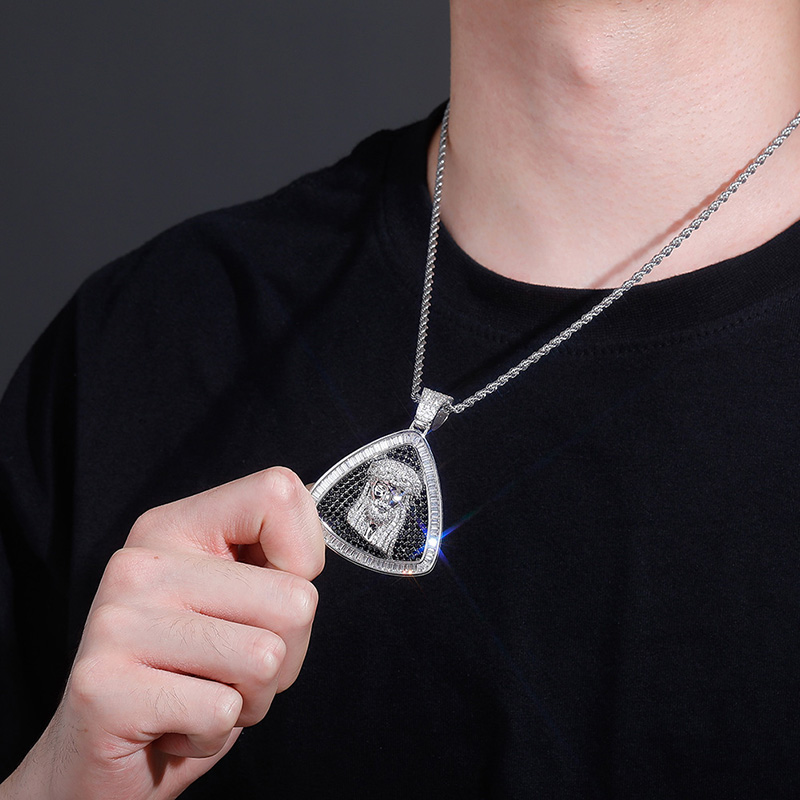 Personalized Triangle Bling Cubic Zirconia Jesus Pendant Necklace Chain HIP HOP Rock Collar Hip Hop Rapper Jewelry Christian Charm Gifts for Men and W