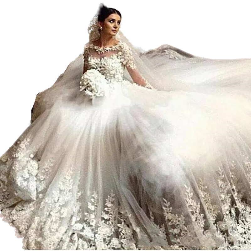 Luxury Floral Lace Appliques Wedding Dress Long Sleeves A Line Bridal Gowns Crew Neck Ivory Tulle Chapel Bride Wedding Dresses Court Train 2022 robes 