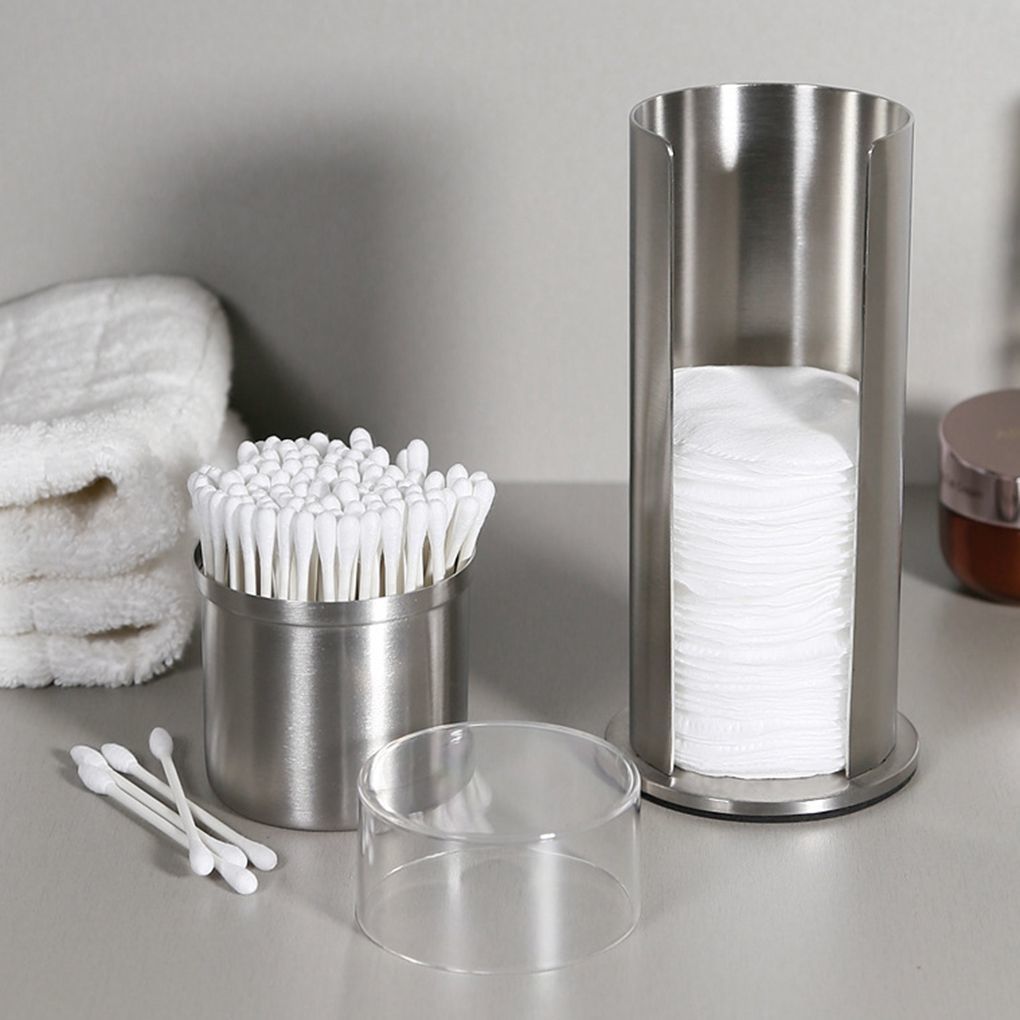 Cotton Swab Organizer Stainless Steel Round Make up Remover Cotton Pad Dispenser Double Layer Container 210315