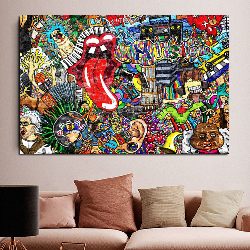 Graffiti Street Art Music Collage Abstract Figure Picture Canvas Painting Wall Art Poster Prints for Living Room Decor No Frame
