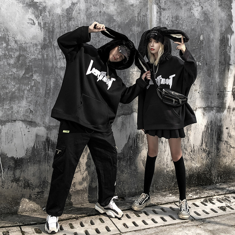 Rabbit Ears Men Hip Hop Hoodie Sweatshirt Letter Fleece Hoodie Streetwear Casual Black Hooded Pullover Cotton Autumn 201127