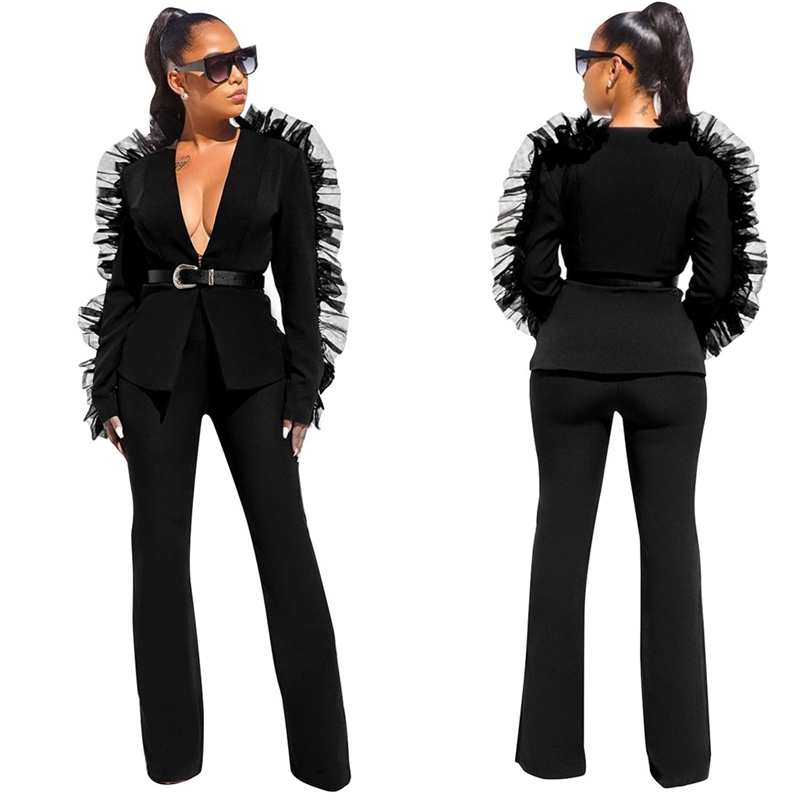Echoine Black women suits Sheer Mesh Ruffle Sleeve costume femme Two Piece Set Office Woker Wide Leg pants Blazer Suit Set White