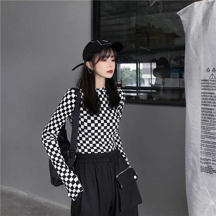 Black & White Checkered Mesh Top Long Sleeve Mock Neck Cropped Top Women's T-shirts Altgirl Outfit / 210302