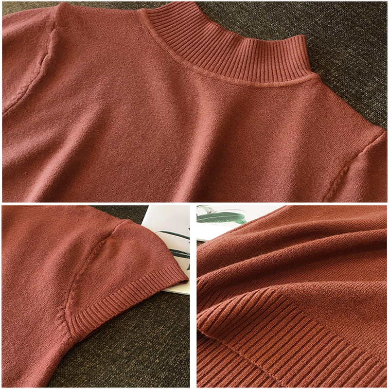 Fashion Knitt Short-sleeved T-shirt Women New Half Turtleneck Stretch Knitted Tshirt Solid Casual Spring Summer Female Tops 210302