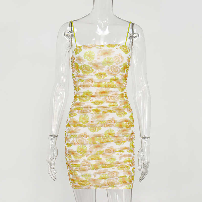 Colysmo Summer Mesh Mini Dress Women Spaghetti Straps Ruched Bodycon Club Party Dresses Blue Floral Print Beach Vestidos 210527