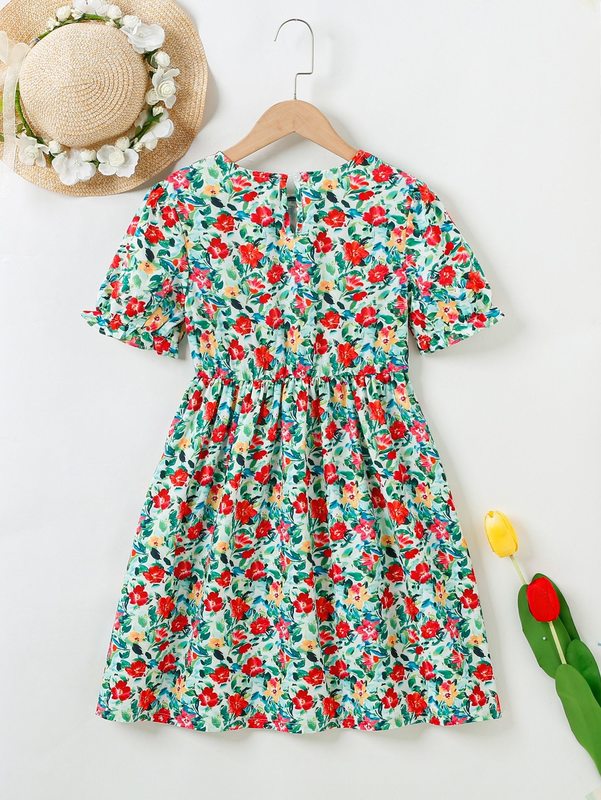 Girls Allover Floral Print Puff Sleeve Dress SHE