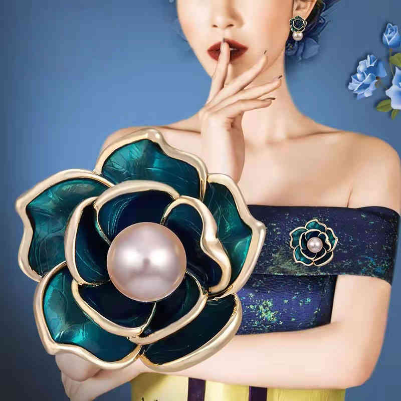 Brooch Camellia Flower High Grade Peacock Blue National Tide Rose Natural Pearl Autumn Winter Coat Sweater Accessories