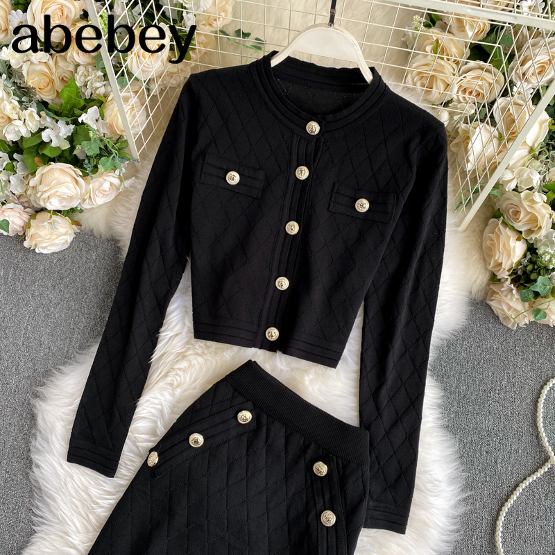 Black long sleeve buttons sweater top and skirt suits women knitted two piece set autumn fashion ladies club outfits