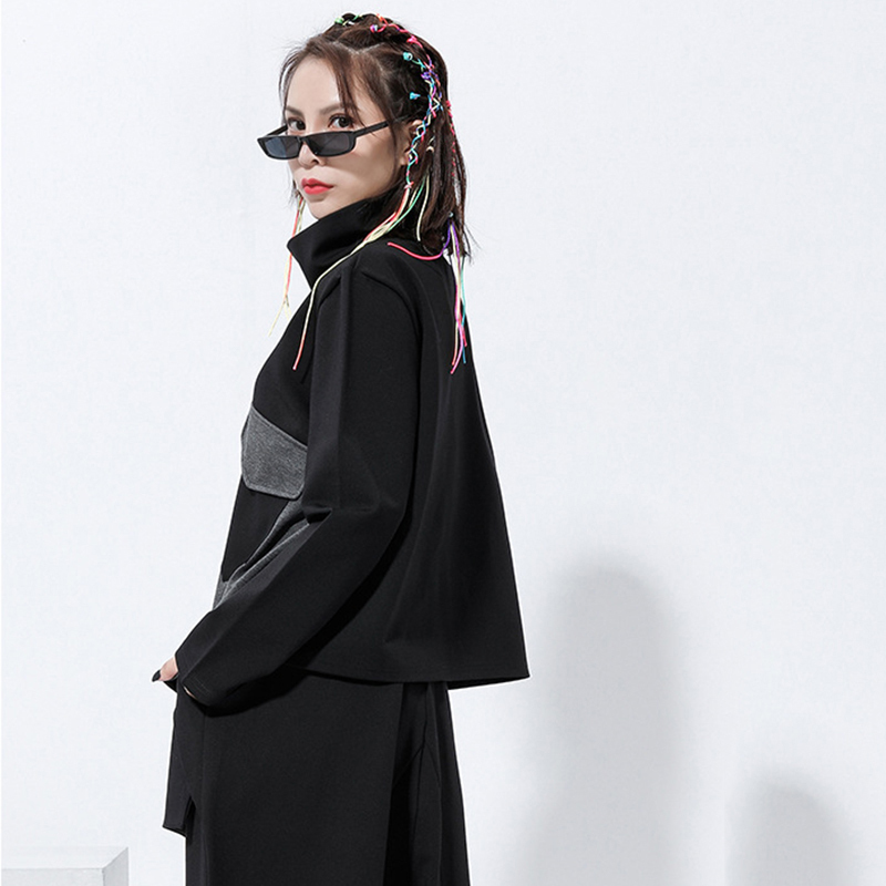 [EAM] Loose Fit Pocket Split Joint Sweatshirt New Turtleneck Long Sleeve Women Big Size Fashion Tide Spring Autumn LJ201130