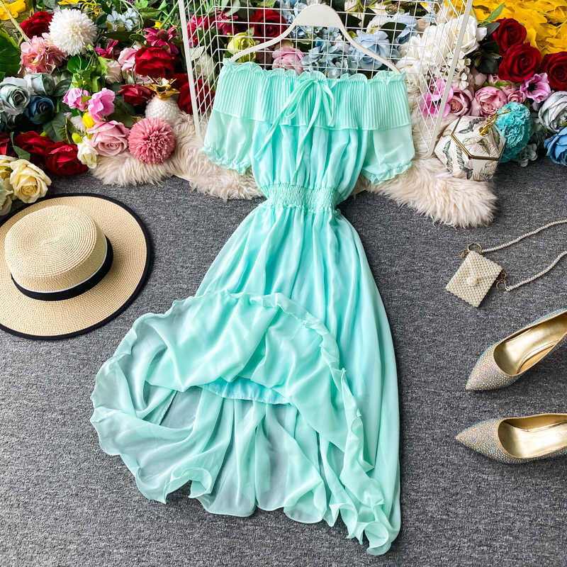 DEAT Women Chiffon Slim Slash Neck Off Shoulder Dress Solid Color High Waist Fashion Spring Summer MZ997 210709