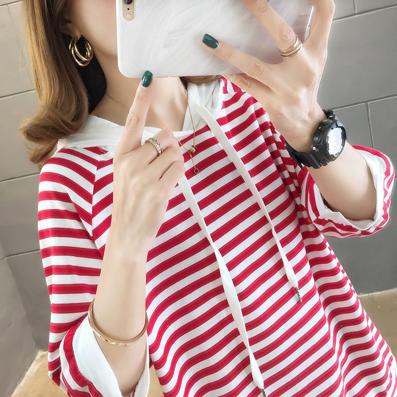 Women's Long Sweatershirt Oversized Hoodie Spring Summer Round Neck Long Sleeve Fashion Wild Striped Hooded Black red loose 201202