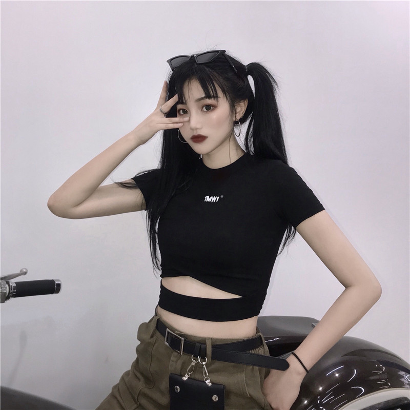 InsGoth Black Tee Women Bodycon Crop Top T-shirts Gothic Streetwear Letter Print Short Sleeve Sexy Female T-shirts Tops T200512