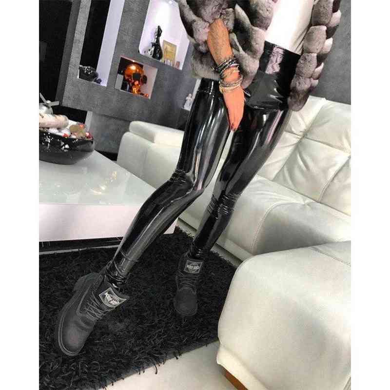 Qickitout Sexy Elastic Stretch Skinny Pants Women High Waist Push Up Leather Black Leggings Jeggings 211204