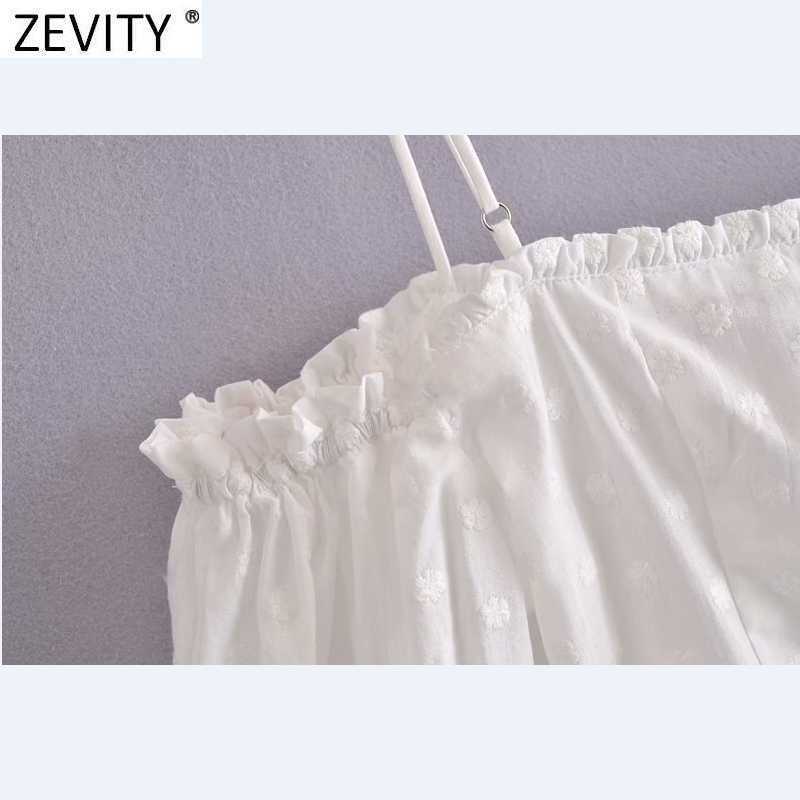 Zevity Women Sexy Off Shoulder Floral Embroidery Sling Smock Blouse Female Pleat Ruffles Shirt Chic Crop Blusas Tops LS9366 210603