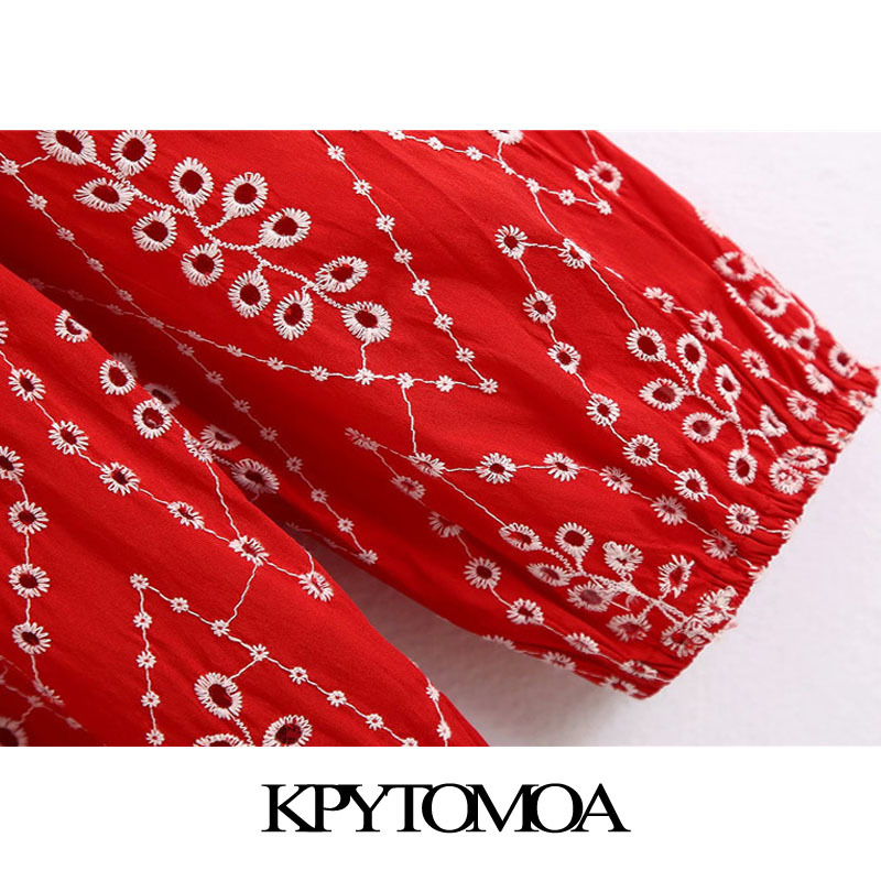 KPYTOMOA Women Fashion Cutwork Embroidery Ruffles Blouses Vintage V Neck Elastic Trims Female Shirts Blusas Chic Tops 210225