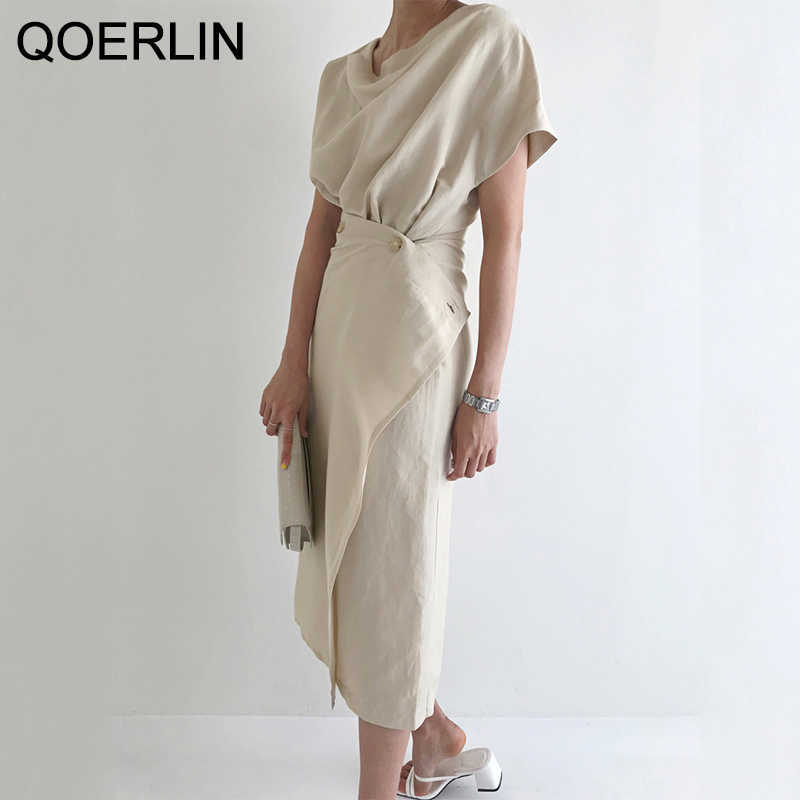 Irregular Midi Dress Women High Waist Sweet Vestidos Pleated Button Office Lady Elegance Summer OL Long 210601