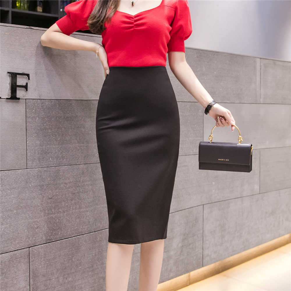 Neophil Winter Plus Size Ladies Office Work Wear Midi Skirts 5XL Women High Waist Stretch Slim Black Elastic Pencil Skirt S2054 210619