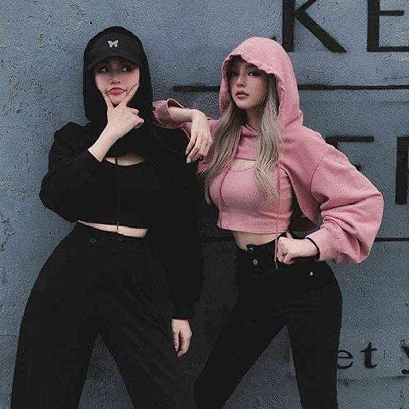 Women Fashion Casual Jogging Hoodies(with Camisole)Korean Loose Short Sweatshirt Female Loose Cropped Hoodies Streetwear Hooded 211108