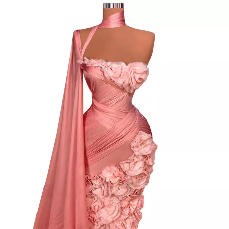 Blush Pink One Shoulder Long Evening Dresses Robe De Soiree Couture 3D Flowers Celebrity Prom Dresses Dubai Party Gowns