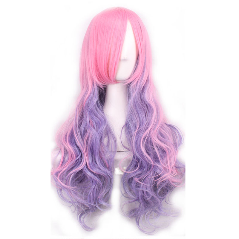 long wavy synthetic hair wigs women japanese harajuku green pink white red purple rainbow color fibre anime cosplay wig ombre