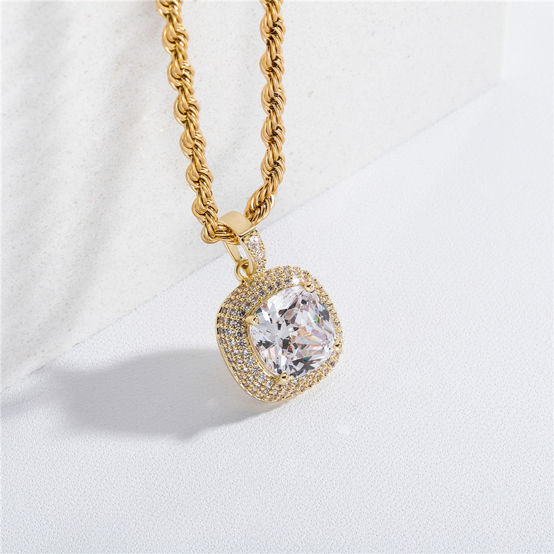 Europe and America Fashion 18K Yellow Gold Plated Big Bling Round CZ Pendant Necklace for Men Women Necklace with 3mm 24inch Rope Chain