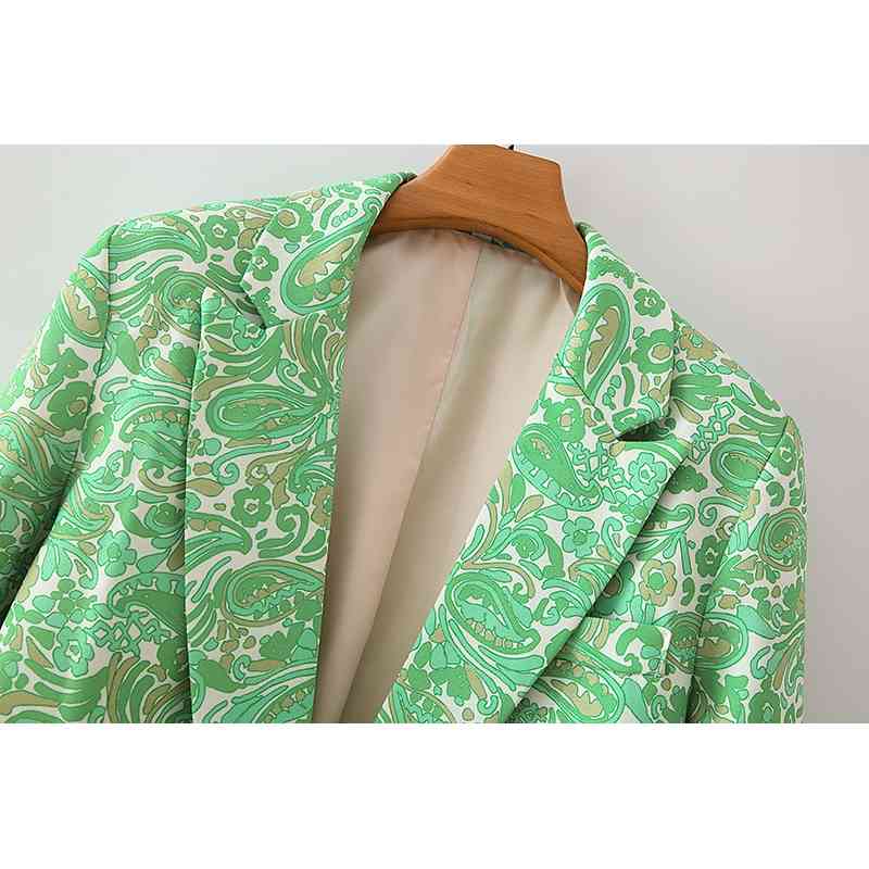 fashion girl floral print blazer office ladies pocket jackets casual female full sleeve suits green women chic sets 210527